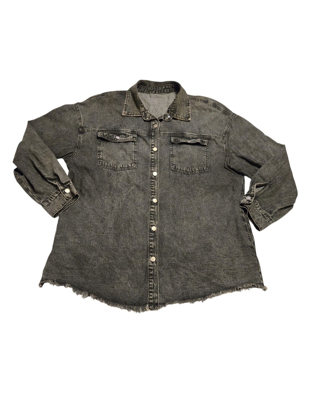 Oversized Grey Denim Shirt Jacket Shacket Distressed Raw Frayed Hem Women’s 2X
